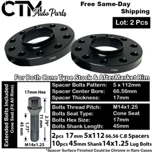 2PC 17mm THICK 5x112mm 66.56 CB HUBCENTRIC WHEEL SPACER KIT14x1.25 BOLTS FIT BMW - Picture 1 of 4