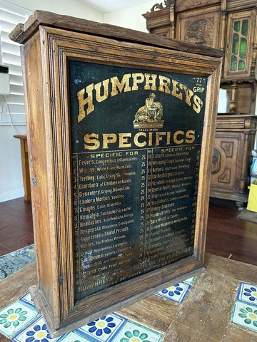 Antique Advertising Original Humphreys Specifics Cabinet  w/medicine bottles Cover