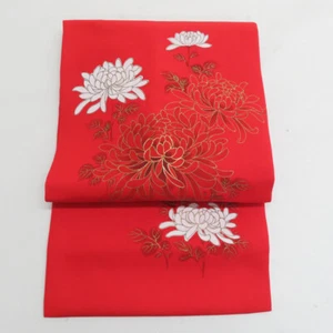 Japanese Kimono Nagoya Obi Silk Chrysanthemum pattern Red 133.9inch Women's - Picture 1 of 15