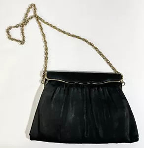 Borsa da sera vintage anni 50 marca Andè borsetta nera raso pieghevole tono oro - Foto 1 di 6