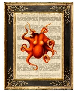 Pulpo naranja #13 impresión artística en página de libro vintage decoración colgante regalo - Imagen 1 de 3