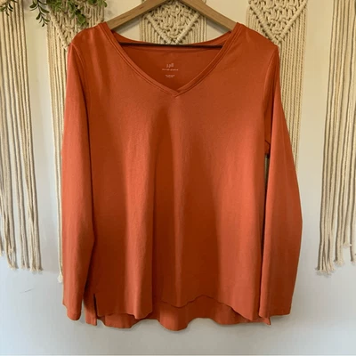 Camiseta J. JILL Pima Algodón Cuello en V Manga Larga Naranja Talla Grande Foto 1 de 4