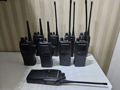 Set of 9 Motorola Gp340 Walkie Talkie Radios UHF 16 Channel + Ear Pieces sets - Image 1 of 4