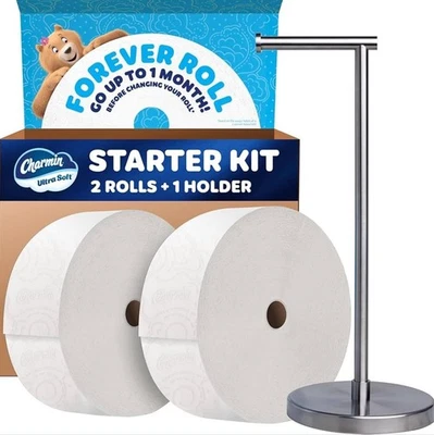Charmin Ultra Soft Forever Roll Starter Kit 2 Rolls + Holder Stainless Stand - Image 1 of 3