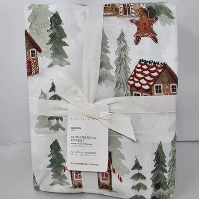 Pottery Barn Gingerbread Forest Sheet Set Queen Christmas New Cotton - Image 1 of 4