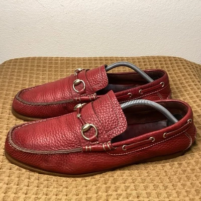 复古古驰 Horsebit 驾驶乐福鞋男式 11 码红色金色谷物皮革 — 第 1/4 张图片
