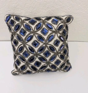 Decorative Jeweled Throw Pillow Hand Beaded 12 X 12 Royal Blue Elegant Unique - Picture 1 of 7