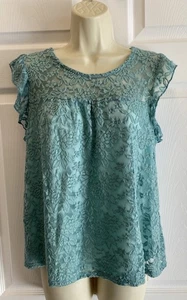 NWT W5 Lace Flutter Sleeve Top Aqua Teal Medium Sheer Overlay Lined Blouse - Picture 1 of 10