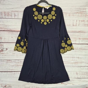 Boden Emilia Navy Dress Yellow Embroidery 12R Bell Sleeves Boho Whimsigoth Retro - Picture 1 of 15