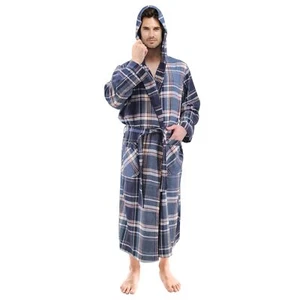 Mens Full Length 55% Cotton Flannel House Robe w/Hood Large/XLarge Blue/Plaid - Picture 1 of 5