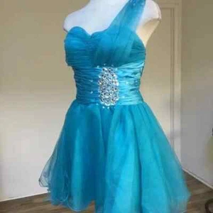 DANCING QUEEN Formal Short Dress One Shoulder Ball Gown Rhinestones Tulle Blue S - Picture 1 of 11