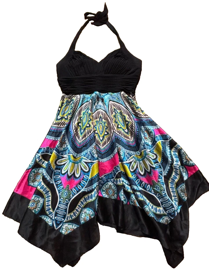 Cato Black Bustier Halter Satin Scarf-Hem Fit & Flare Midi Cocktail Dress 16 - Image 1 of 4