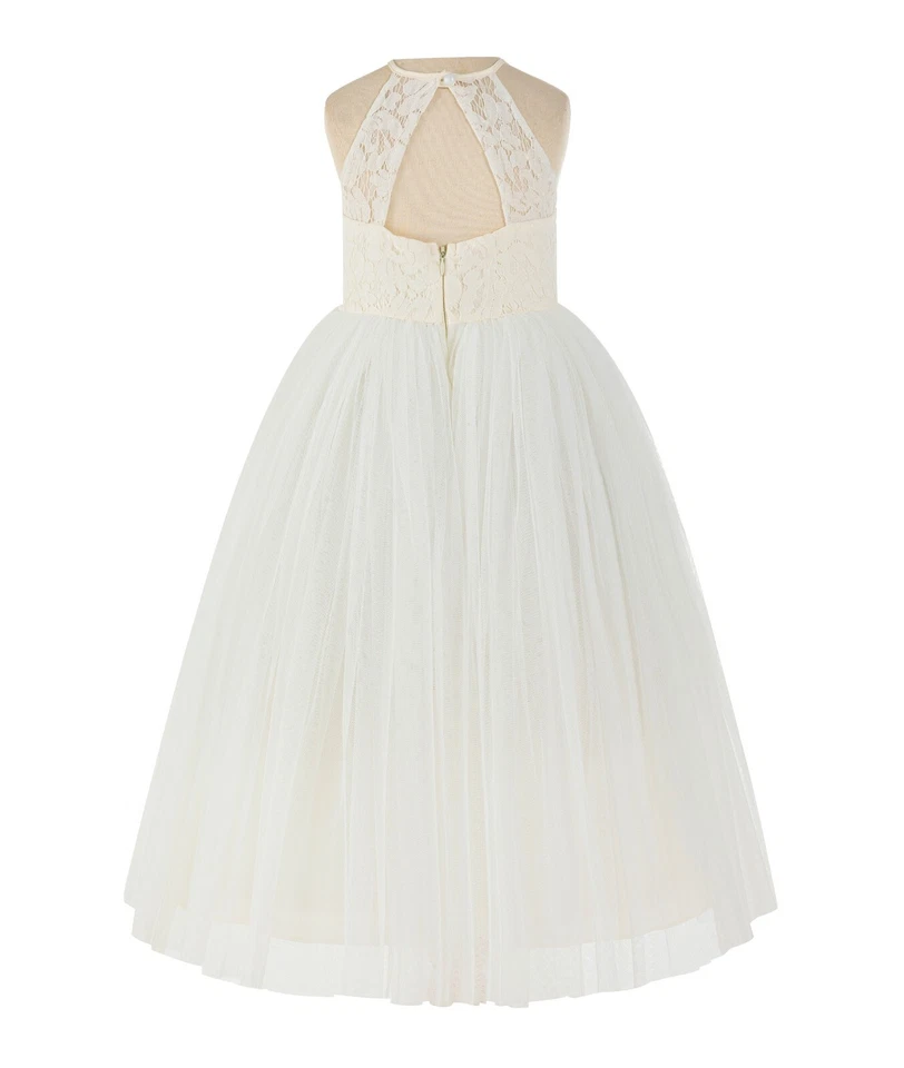 Vestido Halter Flor Niña Encaje Espalda Vestido Princesa Vestido Boda Dama de honor Foto 1 de 1