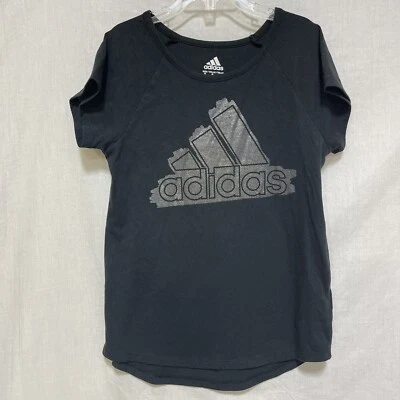 Adidas Girls Size Small 7 8 Shirt Black Silver Athletic Sporty Shimmer 60/40 - Image 1 of 4