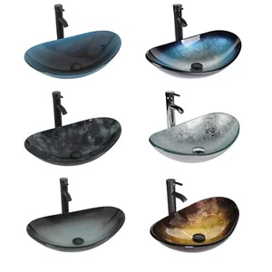 Modern Badezimmer Glas Gefäß Waschbecken Schale Keramikbecken mit Wasserhahn Ablauf Pop Set Neu - Bild 1 von 47