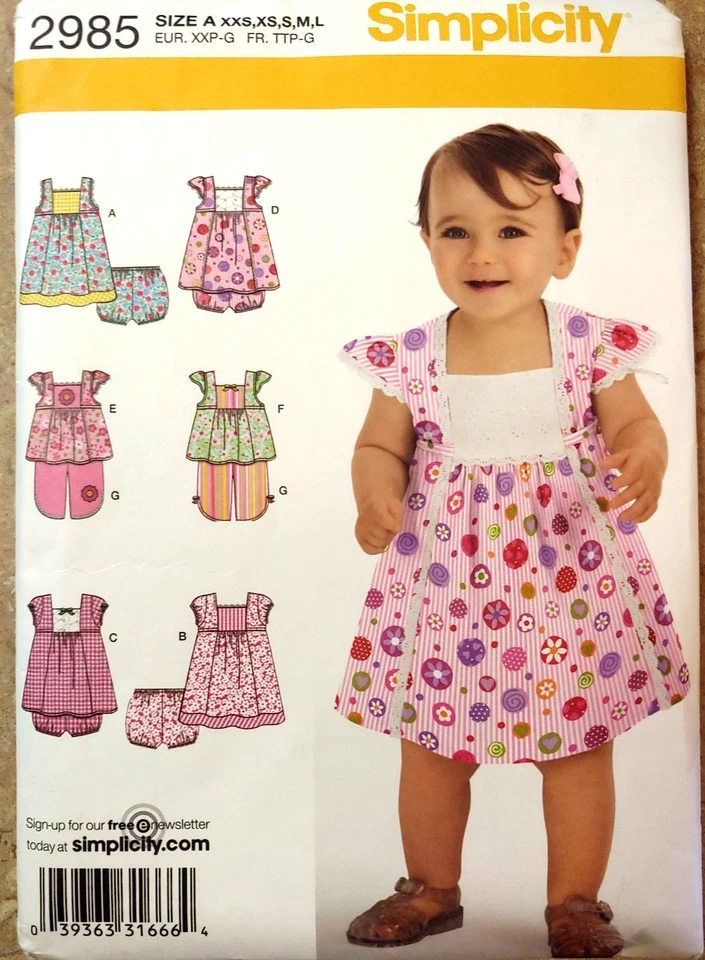 Simplicity 2985 Babies dress in two lengths, Top, Cropped Pants, Panties xxs-L - Image 1 of 4