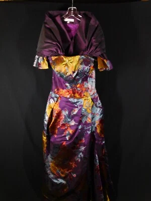 Vestido Largo Carolina Herrera Multi Floral Vino Seda Bustier con Bolero Encogerse de hombros talla 10 Foto 1 de 4