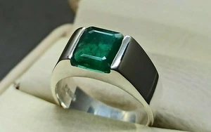 Emerald Cut Green Lab Created Emerald Sterling Ring Silver 925 Handmade Men Ring - Picture 1 of 12