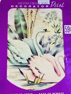 NOS Vintage 70s Meyercord Decal Kitschy Pink Blue Swans Pond Flowers Transfer - Picture 1 of 4