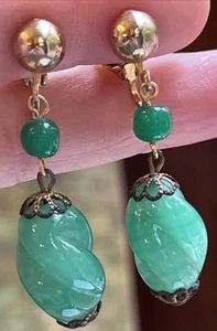 Vintage Hänger Tropfen Peking Glas gewirbelte Perle Jade Cabochon Clip auf Ohrringe  - Bild 1 von 23