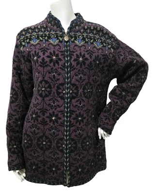 Icelandic Design L Womens Zip Cardigan Sweater Coat Jacket Nordic Flowers Lined - Image 1 of 4