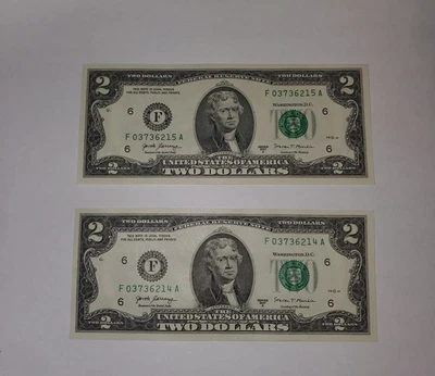 2 Two Dollar In Low Sequence Bills 2017 A Series    Crisp - Uncirculated - Image 1 of 2