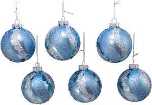 Kurt Adler 80 mm silber blau mit Glitzer und Pailletten Glaskugel Ornamenten, 6 Stück - Bild 1 von 6