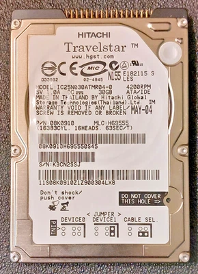 Hitachi 30GB IDE 2.5" 4200 RPM IC25N030ATMR04-0 08K0910 Hard Drive TESTED - Image 1 of 2