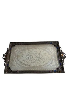 Antique Empire Art Gold E & J.B. Jeweled Perfume Vanity Tray With Lace Inlay - Picture 1 of 16