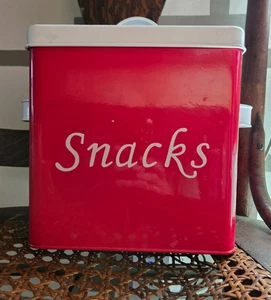 Vintage-Style Red Metal Snacks Tin – White Lid with Handle – Retro Kitchen - Picture 1 of 4