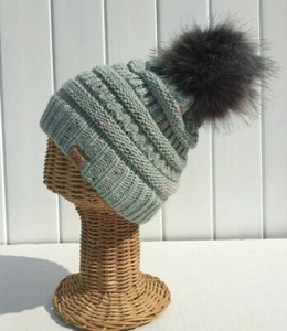 Kids Slouchy Green Knit w/ Confett with Faux fur Pom Winter Beanie Hat Soft #G - Picture 1 of 4