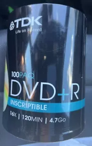 TDK DVD + R Grabable 1-16x 4.7GB 120min 100 PACK Husillo SELLADO ¡NUEVO! - Imagen 1 de 1