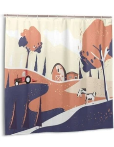 Farmhouse Shower Curtain Red Pickup Truck On Country Road with Watercolor... - Picture 1 of 6