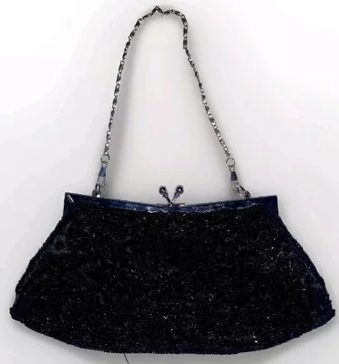 Beautiful Black Beaded Silver Metal Strap Special Occasion Clutch Party Formal - Image 1 of 3