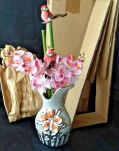 Vase Silber mit Seidenblumen Deko Gesteck Blumen Orchideen und Vögeln NEU & OVP - Bild 1 von 14