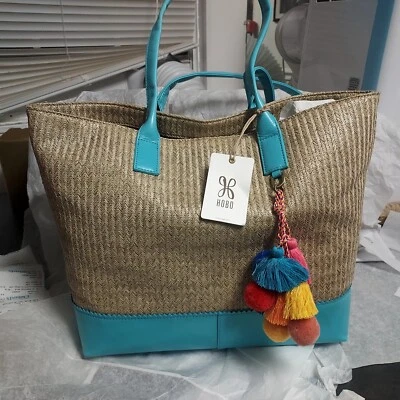 Hobo Brand Straw Leather Trim Shopper Pom Pom Tote Bag New - Image 1 of 4