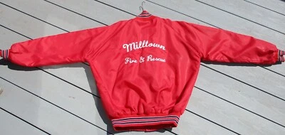 vintage milltown fire & rescue red nylon rockabilly hotrod jacket distressed jim - Image 1 of 4