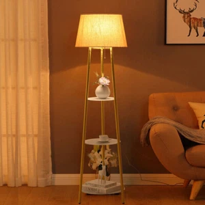 Tall Freestanding Floor Lamp with Shade Reading Light 3 Tier Shelves Gold Poles - Picture 1 of 12