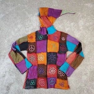 Festival Hoodie Y2K Hippie Retro Full Zip Patchwork Full Zip Embroidered M/L - Picture 1 of 10