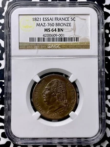 1821 France Essai 5 Centimes NGC MS64BN Lot#G9794 Choice UNC! MAZ-760 - Picture 1 of 3