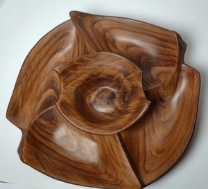 Vintage 4-teiliges California Pottery Org #385 Holzmaserung glasiert Lazy Susan Servierset - Bild 1 von 17
