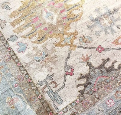 Modern Oushak Hand Knotted Floral Rug 9x12 Blue All Wool Carpet for Living Room - Image 1 of 4