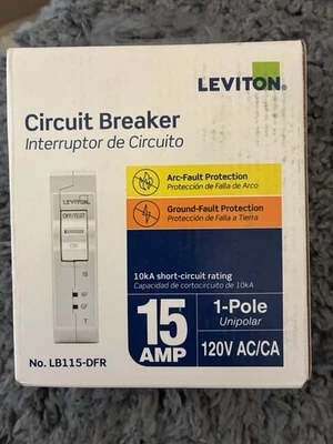 Interruptor de clasificación de cortocircuitos Leviton 15a protección contra fallas de arco y tierra 10kA Foto 1 de 2