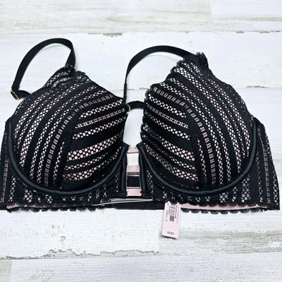 Victorias Secret 32DD Black Lace Pink Bra Push Up - Image 1 of 4