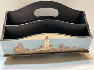 4-Slot Wood Desk Letter Mail Holder Organizer - Lighthouse Rustic Nautical Theme - Picture 1 of 8