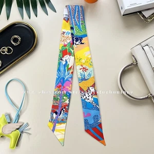 Sallys 18 Momme Twill Silk Scarf Ribbon Dogs Print Hair Bag Neck Tie 85*5cm - Picture 1 of 24
