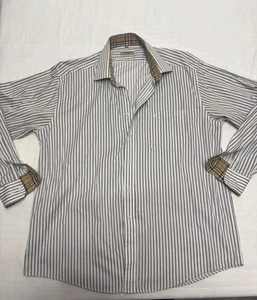 BURBERRY LONDON Monogram Script Stripe Herren XL weiß/grau Baumwolle Knopfleiste Hemd - Bild 1 von 13