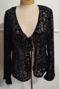 Vintage 90s Black Velvet Burnout Tie Front Blouse Gothic Vampire Whimsical Boho - Picture 1 of 6