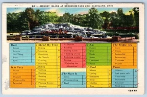 1943 MONKEY ISLAND BROOKSIDE PARK ZOO CLEVELAND BUSY PERSONS CHECKLIST POSTCARD - Picture 1 of 2