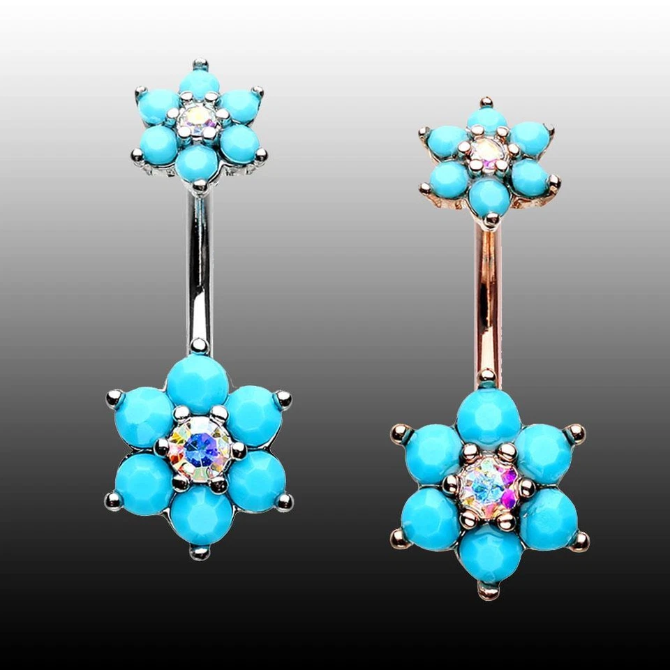 Turquoise Spring Flower Sparkle Prong Set Belly Ring Rose Gold Silver AB Sexy - Image 1 of 1